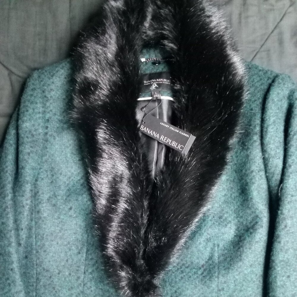 NWT Banana Republic Trench Pea Coat Wool Fur Collar